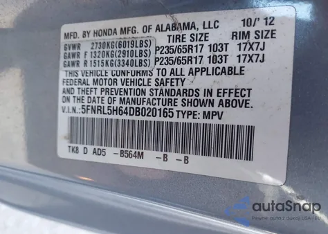 2013 Honda Odyssey Ex-L z USA, uszkodzony, nr VIN 5FNRL5H64DB020165